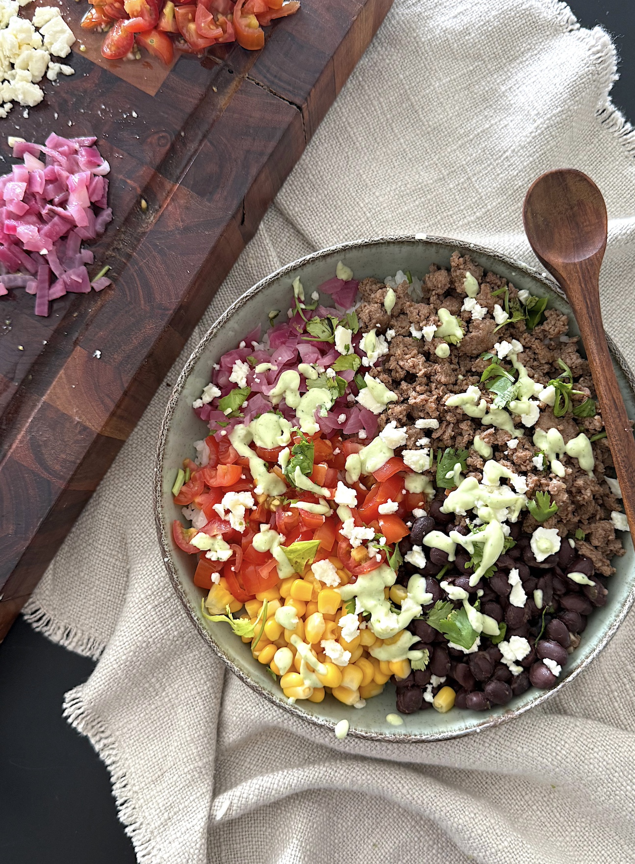 Ground Beef Taco Bowl with Avocado Crema